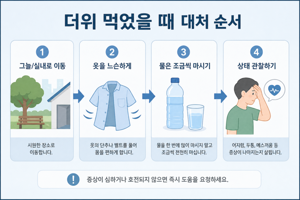 더위 먹었을 때 대처 순서: 그늘 이동, 옷 느슨하게, 물 조금씩, 상태 관찰