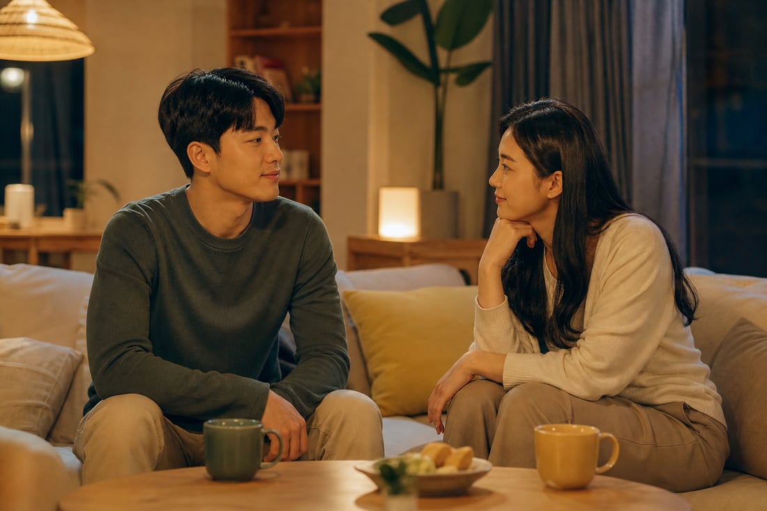 저녁에 다정하게 대화를 나누는 커플