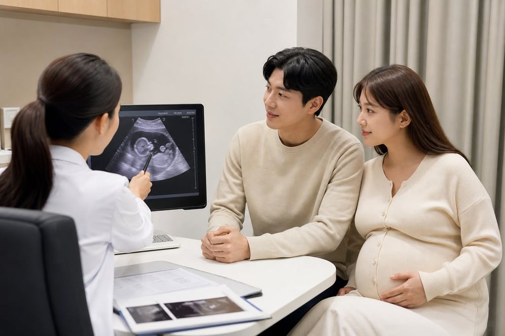 임신 출산 지원제도 안내 - 산부인과에서 초음파 결과를 설명 듣는 임산부 부부